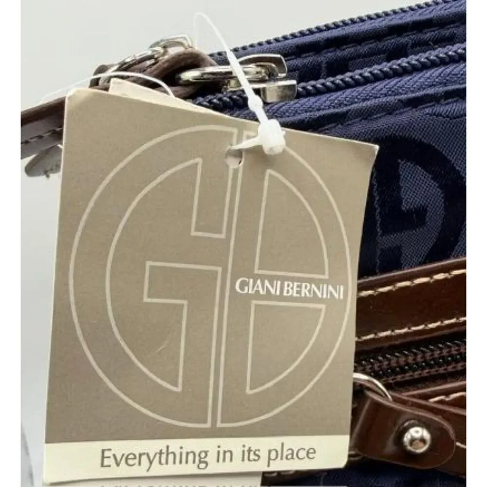 Giani Bernini Navy Blue Monogram Crossbody Bag Nylon Purse Brown Leather Trim